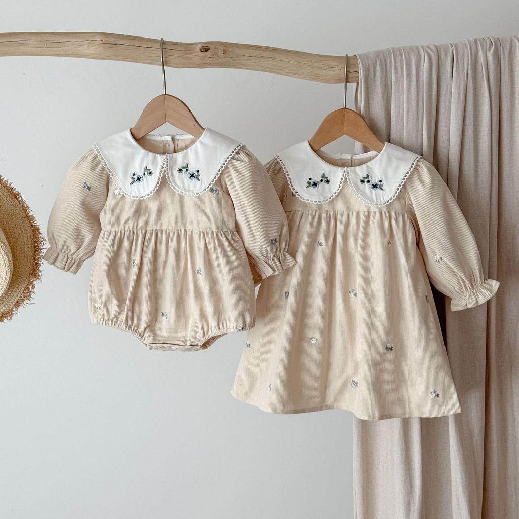 Šaty s výšivkou na límci s dlouhým rukávem a body set v korejském stylu pro holčičky