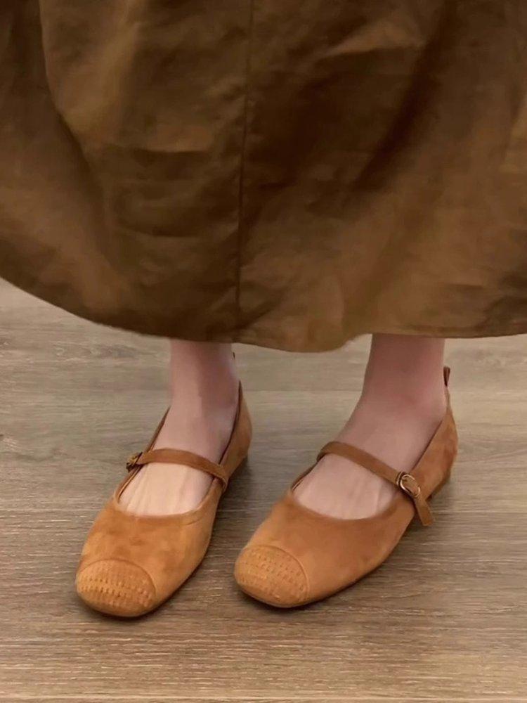 

Sheepskin version~ niche woven one-word buckle Mary Jane shoes femininity super soft not tired feet shallow thick heel single shoes 40 коричневый