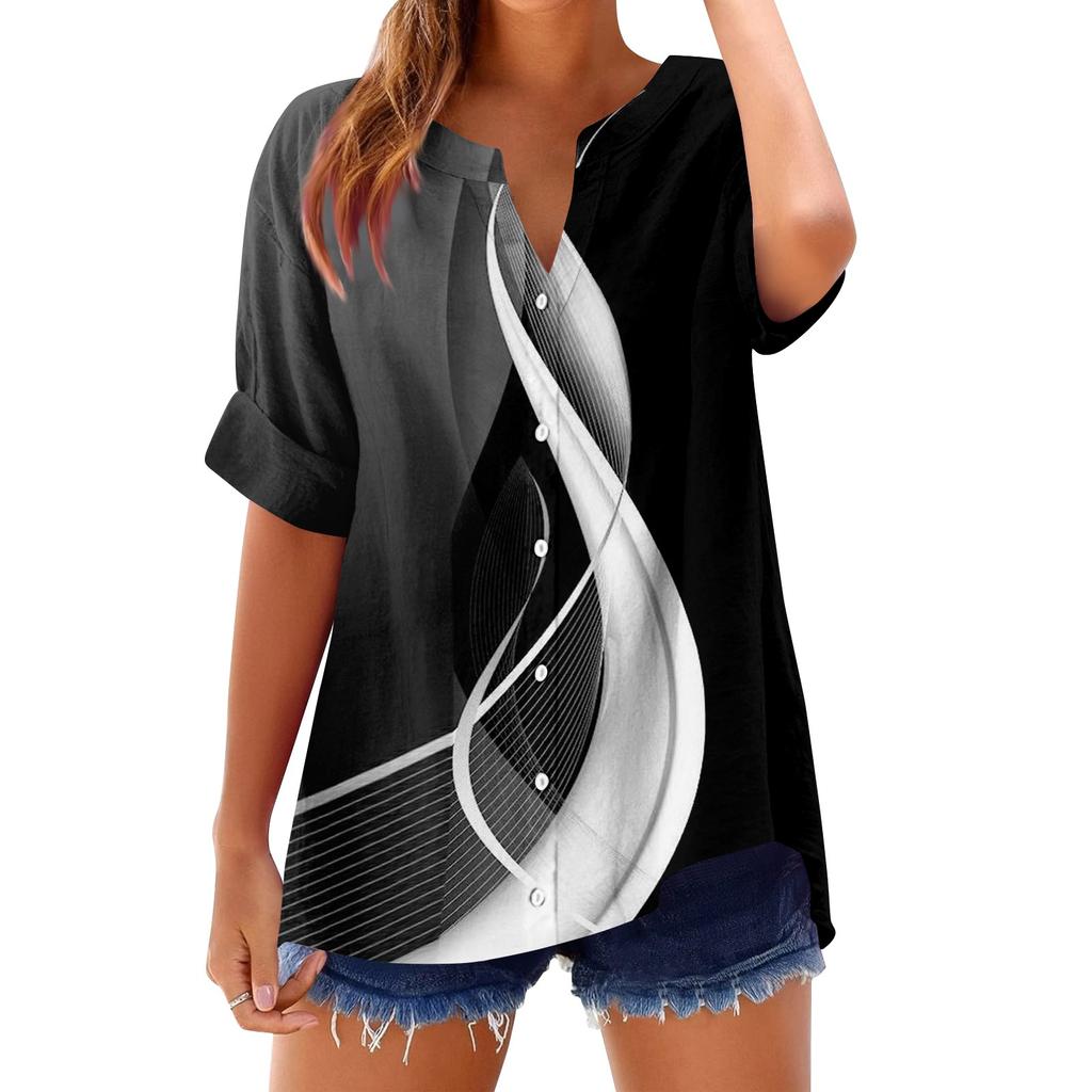 Women's loose printed stand collar short-sleeved cotton and linen top