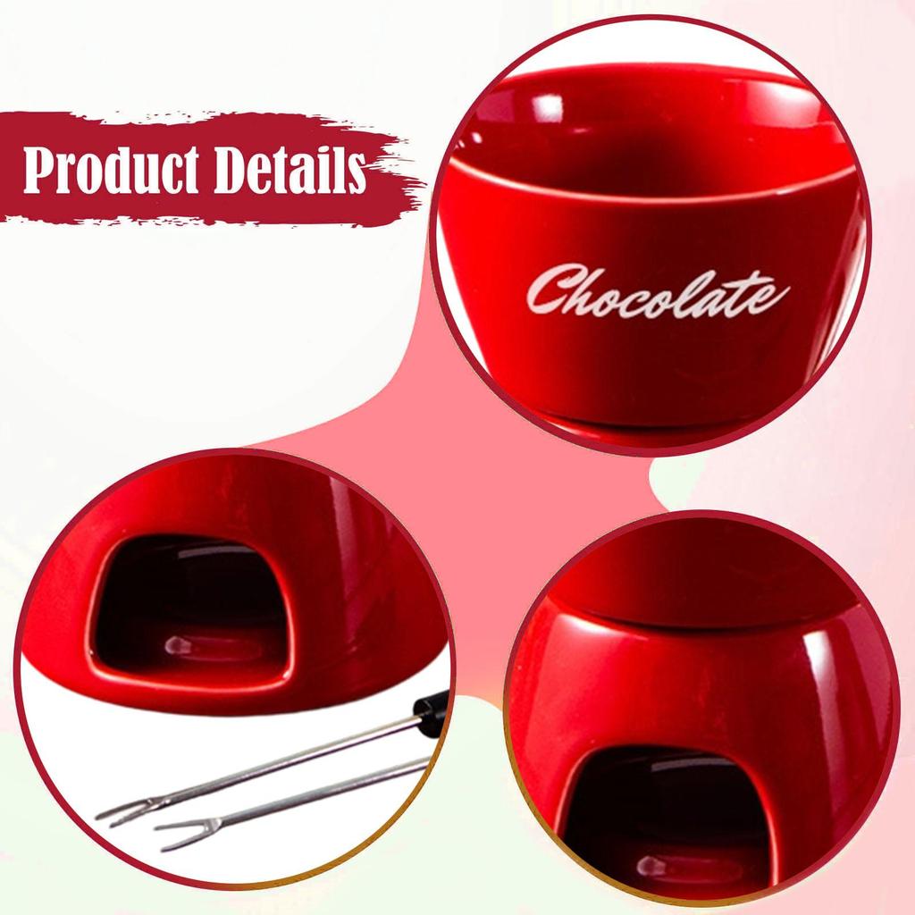 Porcelain Chocolate Fondue Pot Ceramic Cheese Warmer Fondue Cup Set with Fork for Snack Party and Home Cooking
