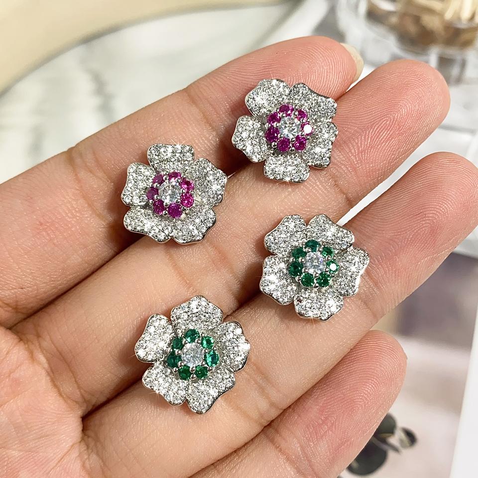 ZAKOL Bling CZ Flower Stud Earrings AAA Cubic Zirconia Aesthetic Women's Ear Accessories Bright Red Earrings Trendy Zircon Gift