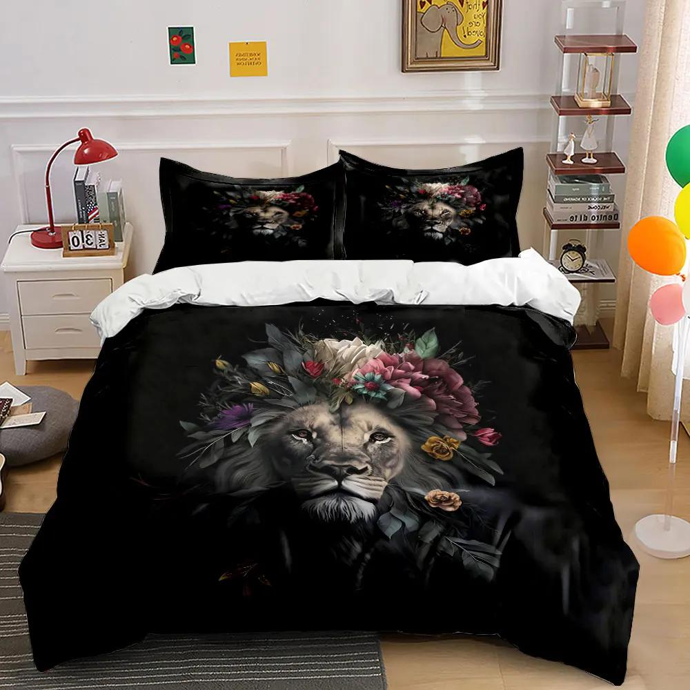 Lion Floral Art Decor Prints Soft Comfortable Duvet Cover Bedding Set Included 1*Duvet Cover & 2*Pillowcases gift