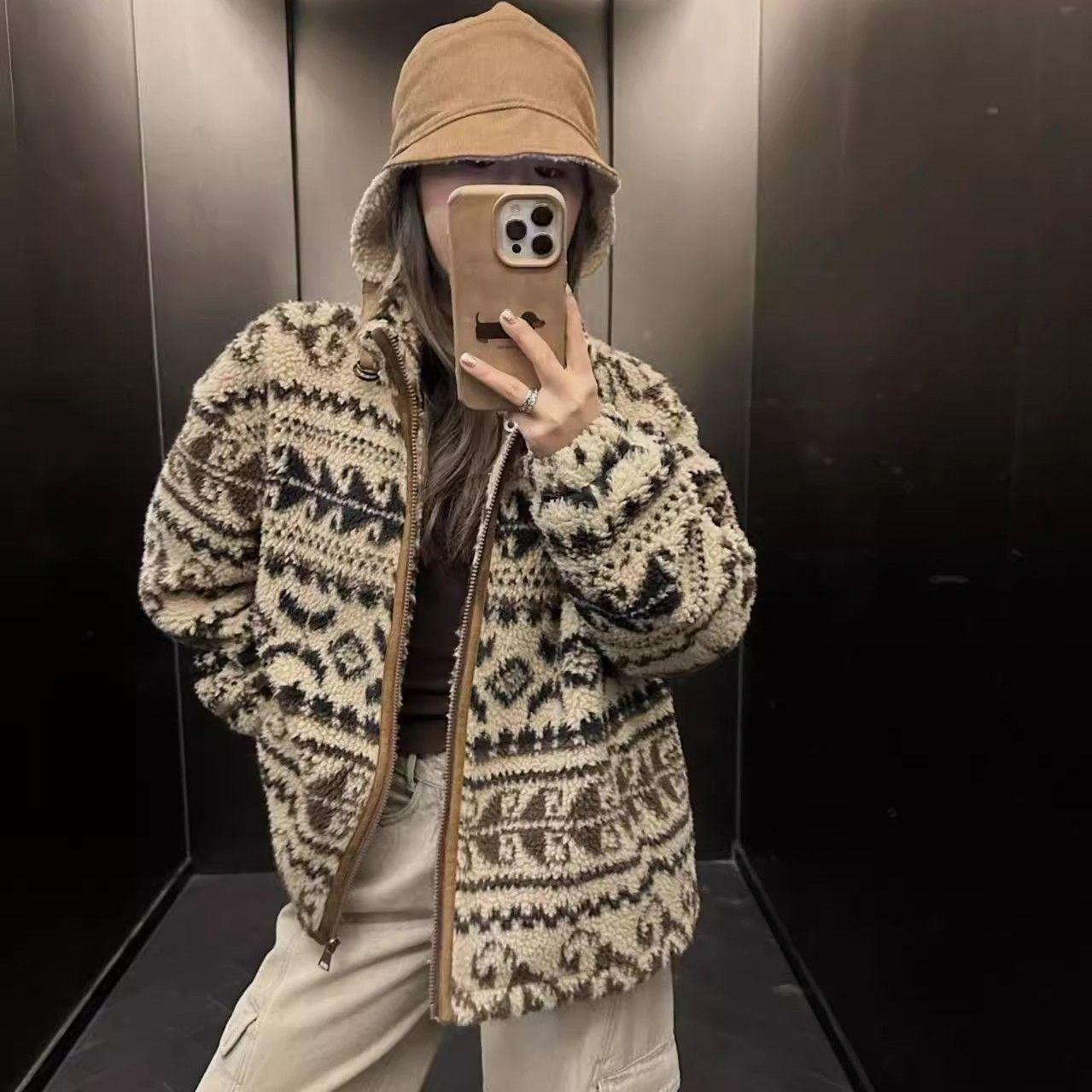 

Unisex Retro Western Swirl Fleece Zipper Cardigan Jacket - High Collar, Warm Autumn/Winter Outerwear M (suggested 165-170cm/100-120kg) коричневий