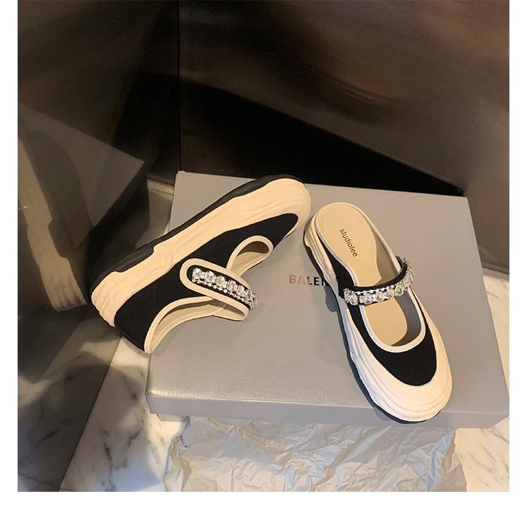 Grape Mother with the Same Rhinestone Word with Velcro Big Round Head Shallow Mouth Mary Jane Half Drag Canvas Shoes Women