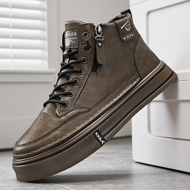 High Quality Men's Casual Shoes Fashion Leather Board Shoes Comfortable Platform Short Ankle Boots Slip On Man Walking Sneakers