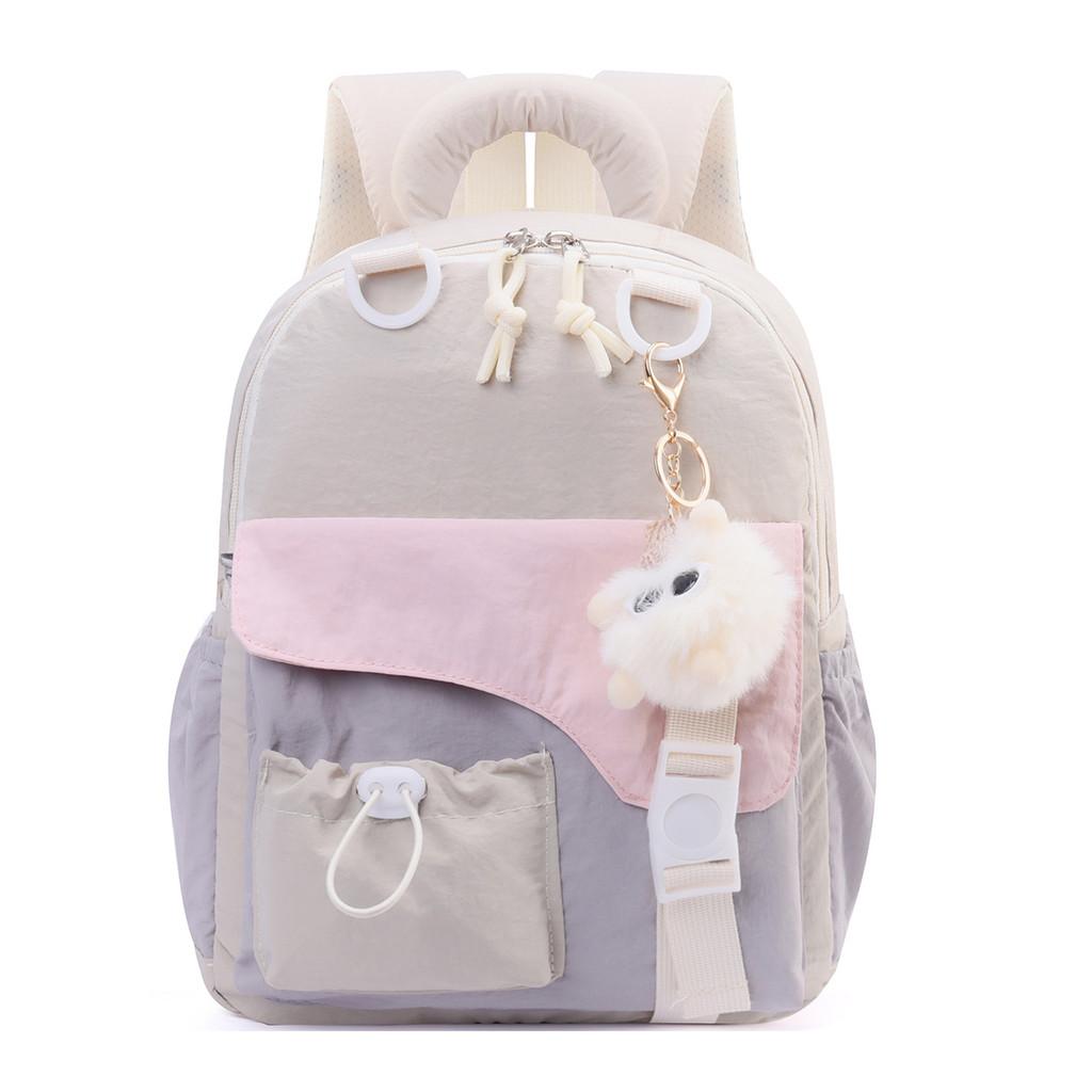 Childrens Blocked Color Backpack With Plush Pendant For School And Outings