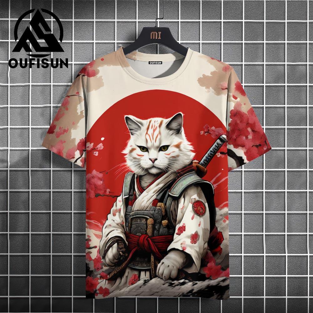Samurai Cat Pánská móda Japonské hip-hopové tričko s krátkým rukávem