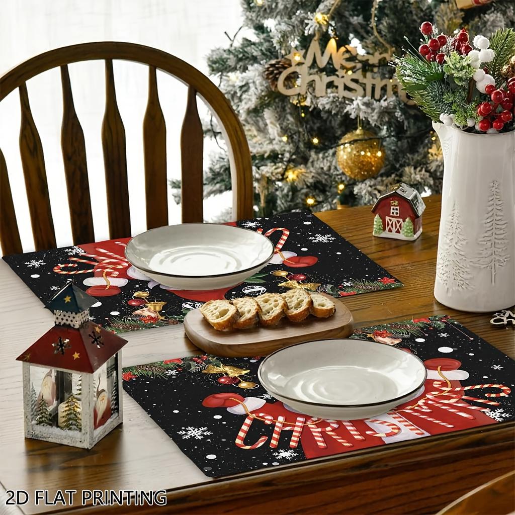 4pcs/6pcs, Christmas Placemat Set, Black Background Santa Placemats Table Decor, for Dining, Parties, And Holiday Gatherings Perfect Gift for Parents,