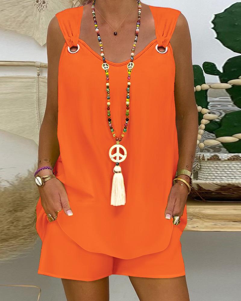 

2024 Элегантный женский комплект без рукавов и шорт однотонной расцветки - Европейский и американский стиль Double Extra Large оранжевый