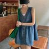 High Waisted Denim Camisole Dress Pleated Sleeveless Short Dress Elegant Cowboy Strap Dress  Summer