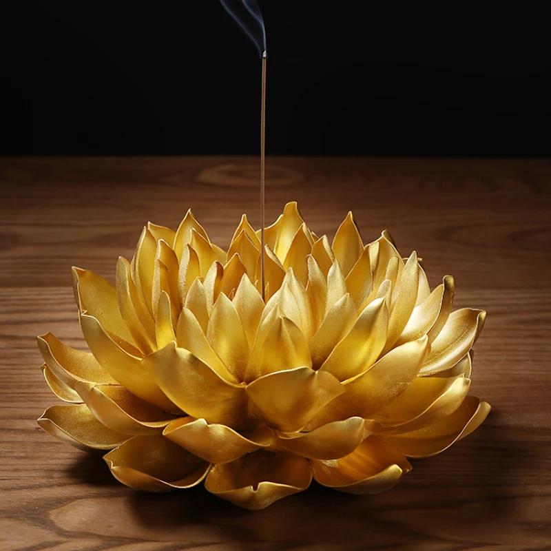 New Chinese Style Handmade Golden Emperor Lotus Figurine for Buddhist Decor with Zen Incense Burner Ceramic Miniatures
