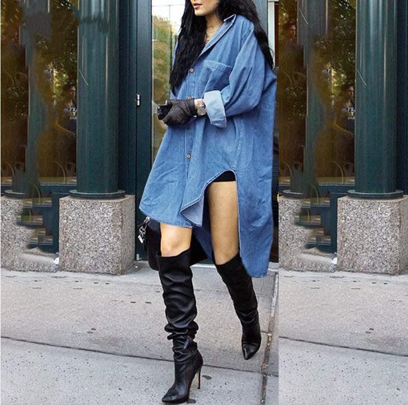 European & American Women's New Style Long Sleeve Denim Irregular Side Shirt Jacket