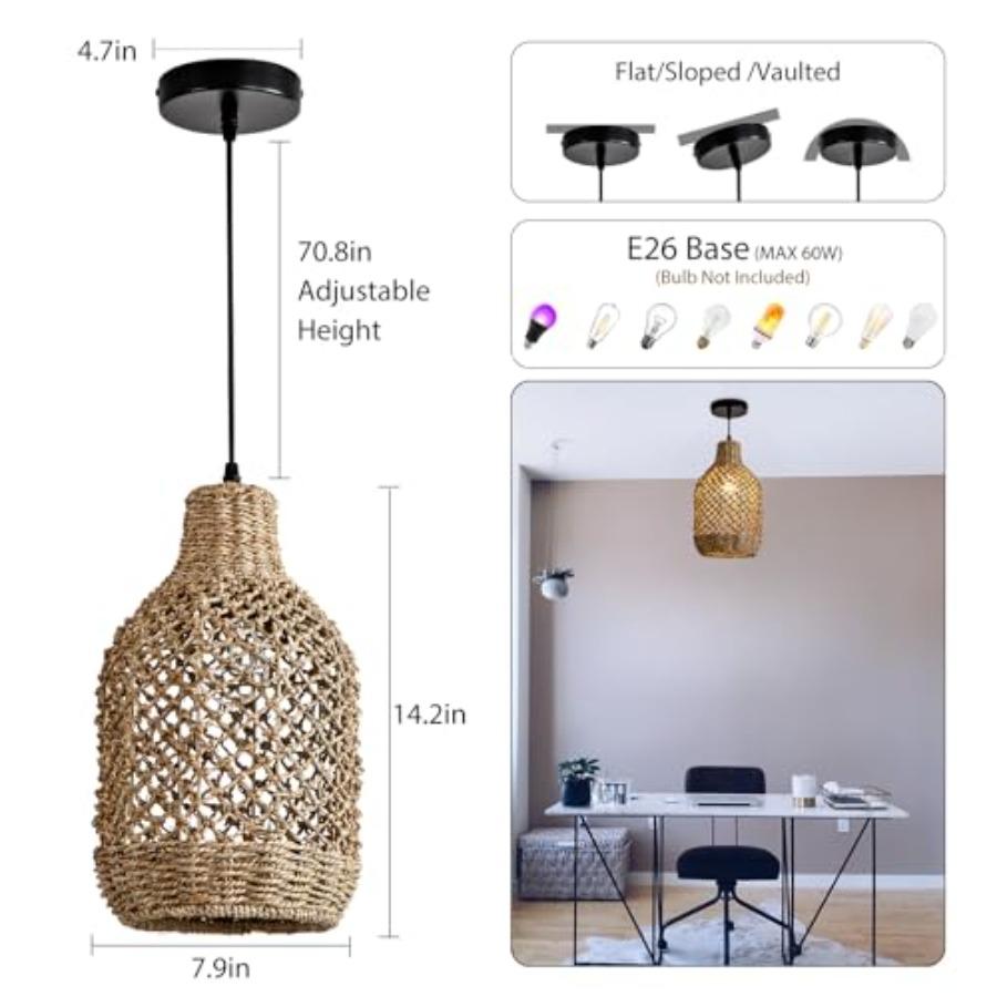 Mini Rattan Pendant Lights Set of 3 Boho Wicker Hanging Fixtures 7.9 Seagrass Rattan Chandeliers for Dining Room Kitchen Island