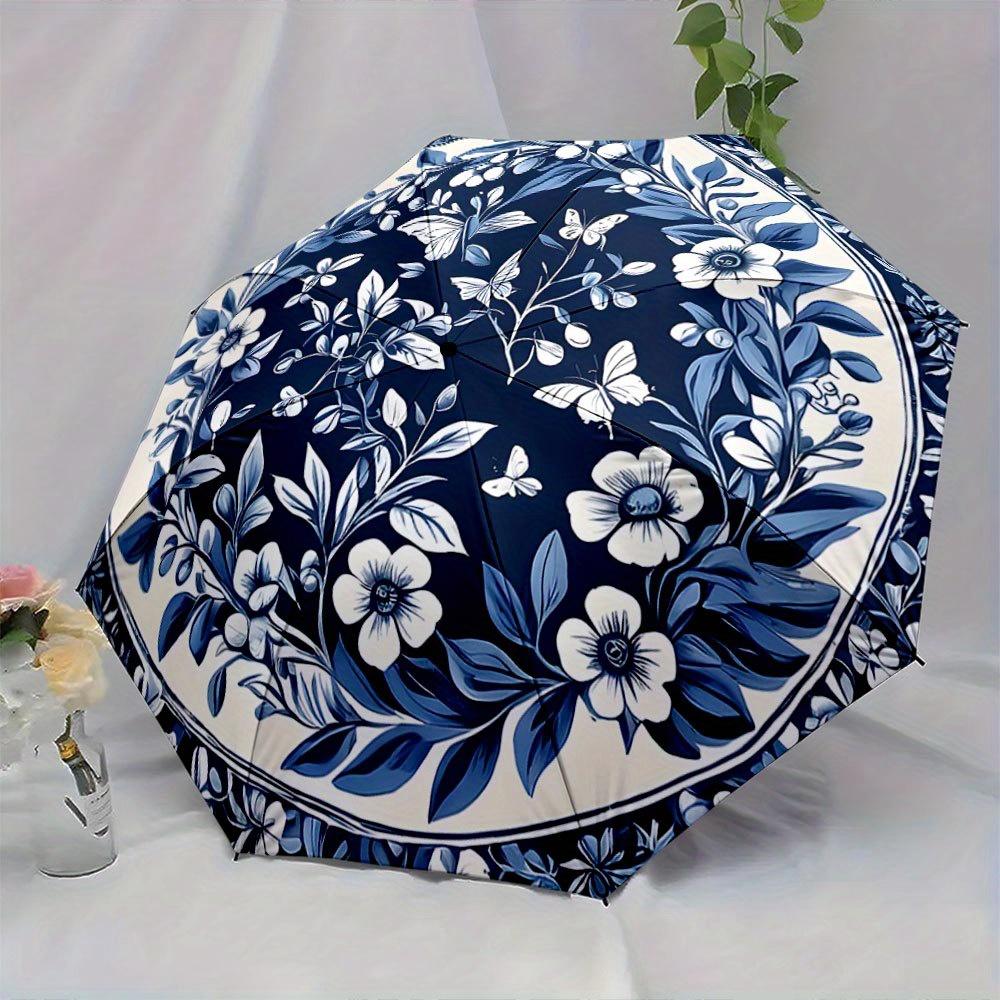 Automatic Folding Umbrella with Blue & White Floral & Butterfly Pattern - Portable Collapsible Design, 8-Rib Durable Frame, Co
