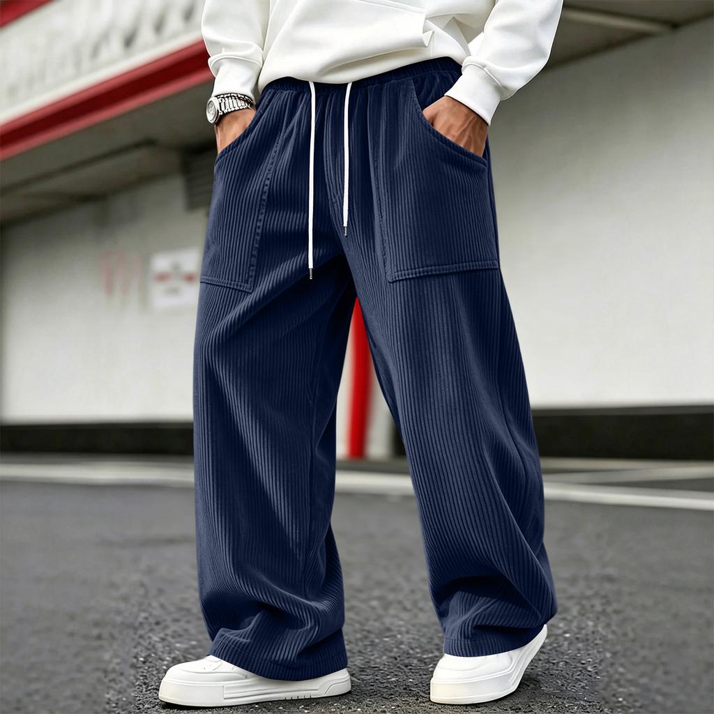 Men's Corduroy Pants Loose Fit Straight Leg with Elastic Waist for Casual Everyday Wear