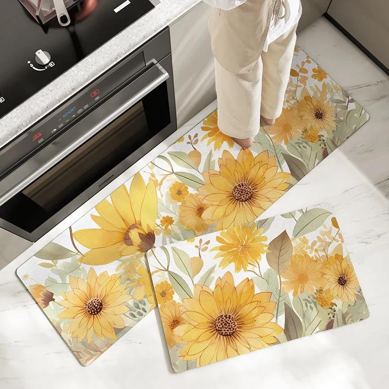 Fiber Leather Natural Rubber Kitchen Floor Mat, Soft Q-elastic Long Kitchen Mats Absorbs Water, Oil and Non-slip Foot Pads