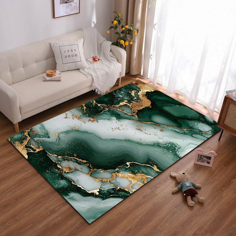 Elegant Green Marble with Gold Detailing – Non-slip rug suitable for living room and bedroom sofas.