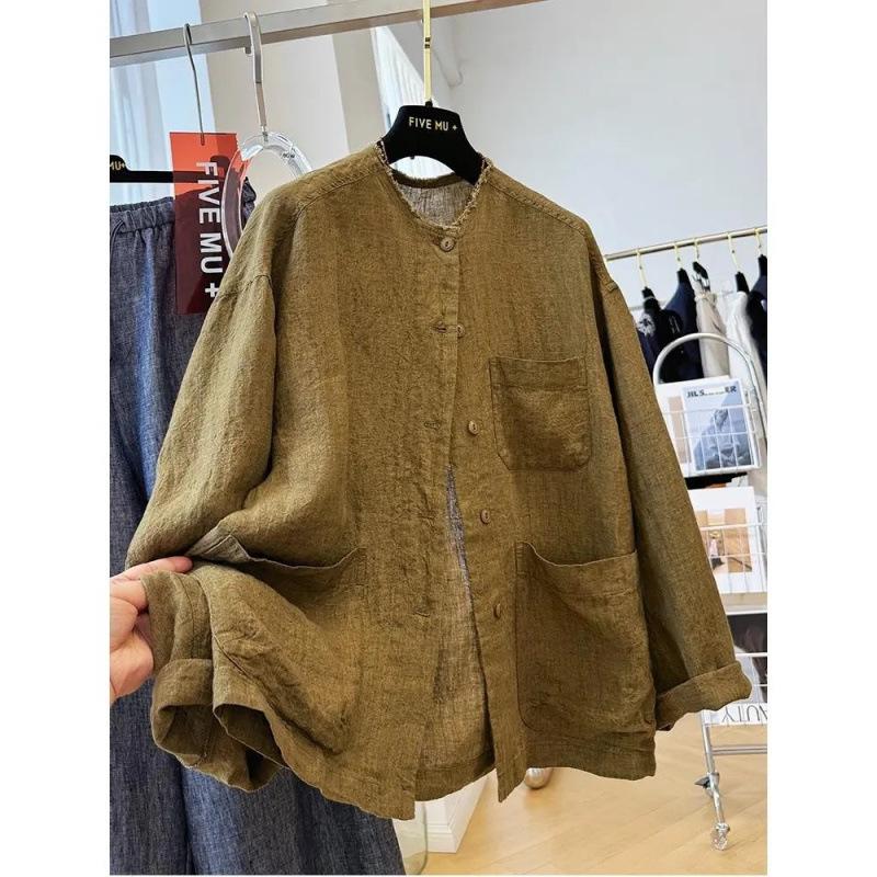 Unisex Plus Size Retro Linen Frayed Edge Shirt - Loose Casual Autumn Outerwear