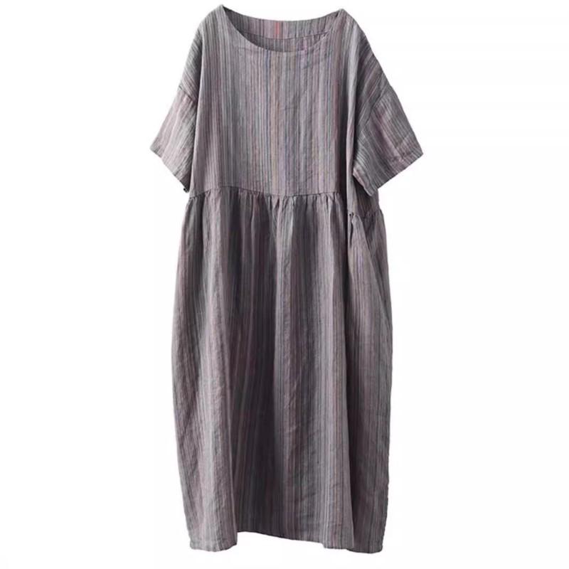 Johnature Women Vintage Striped Dress O-Neck Short Sleeve Robes Summer High Waist Women A-Line Dress