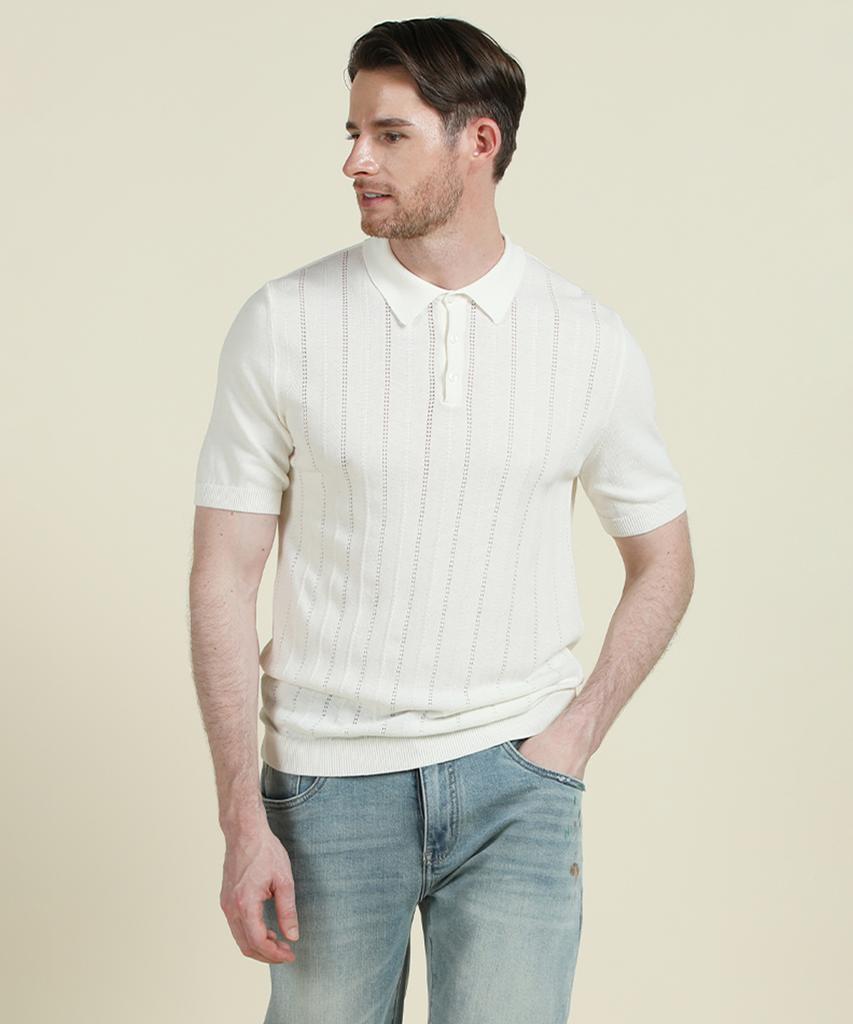 PANICALE Ivory Striped Short-Sleeve Polo Knit