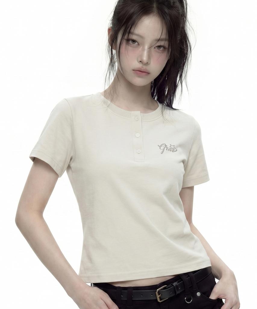 GRAVER [Unisex]Wings Henley Neck Short Sleeve T-Shirt_2 Colors