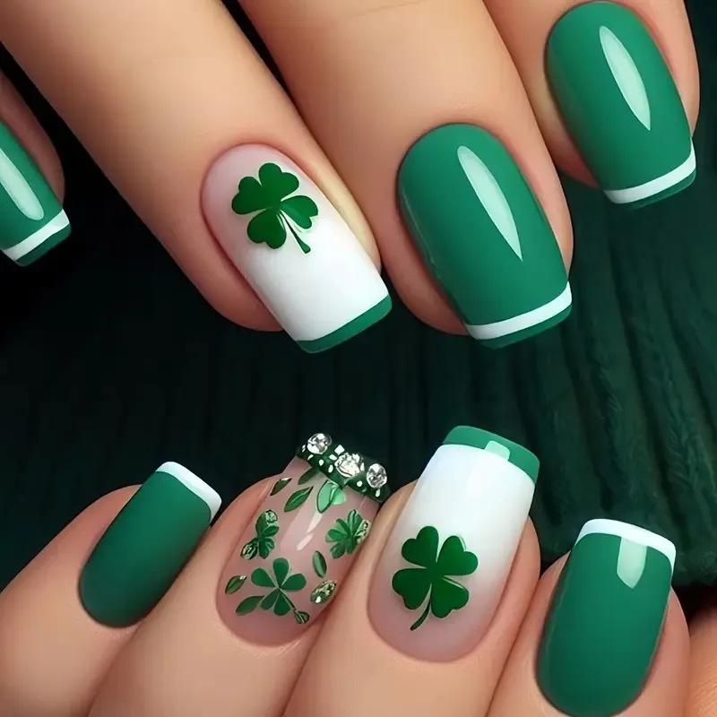 Nail Art, Nail Piece European And American Small Fresh Four-Leaf Clover Green Diamond French Style, Wearing Nail Free jelly glue + rubbing strips*4pcs
