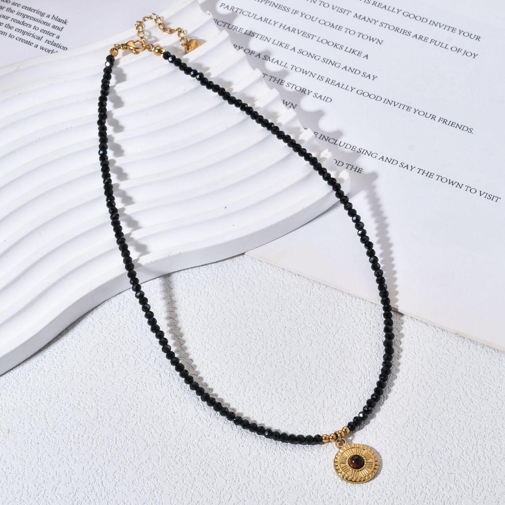 Fashionable Black Glass Beads Stainless Steel Necklace - Simple, Retro & Colorfast Clavicle Chain