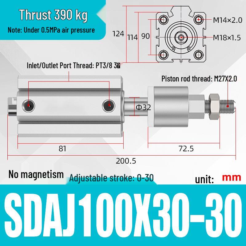 Adjustable Stroke Pneumatic Thin Cylinder - Piston Rod Sizes: 16/20/25/32/40/63