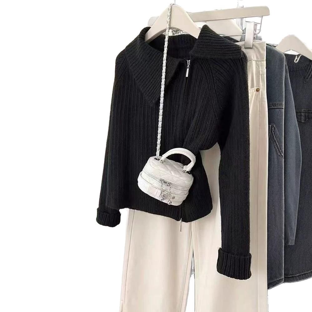 apricot lapel double zipper knitted cardigan women's spring and autumn design sense niche temperament high-end sweater jacket top