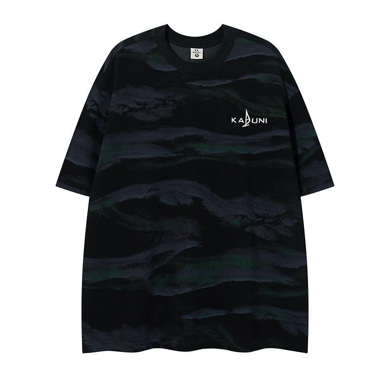 American retro camouflage water ripple short-sleeved T-shirt men s and women s summer trendy brand new oversize half-sleeved top M чёрный
