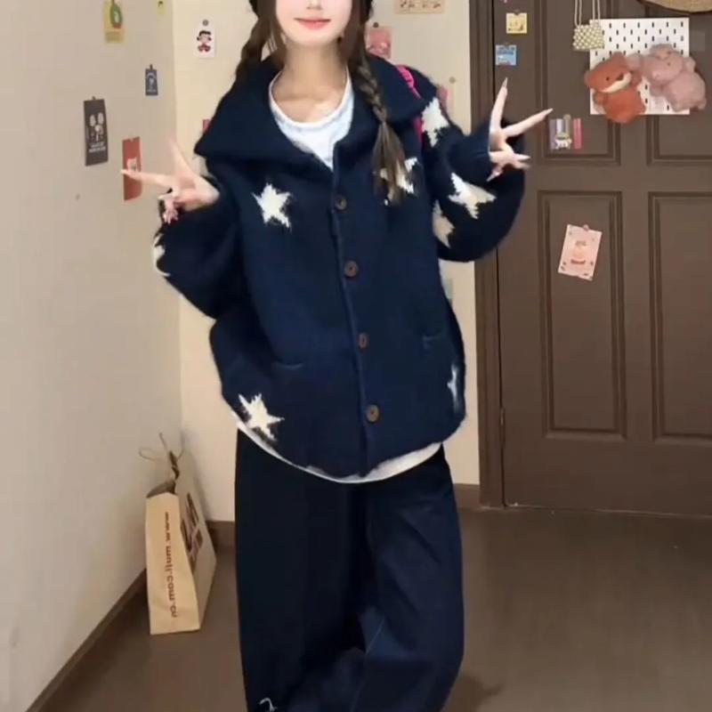 

Корейская звезда свитер кардиган вязаный осень зима ленивый стиль свободный новый отложной воротник пальто мода ниша женский S темно-синий