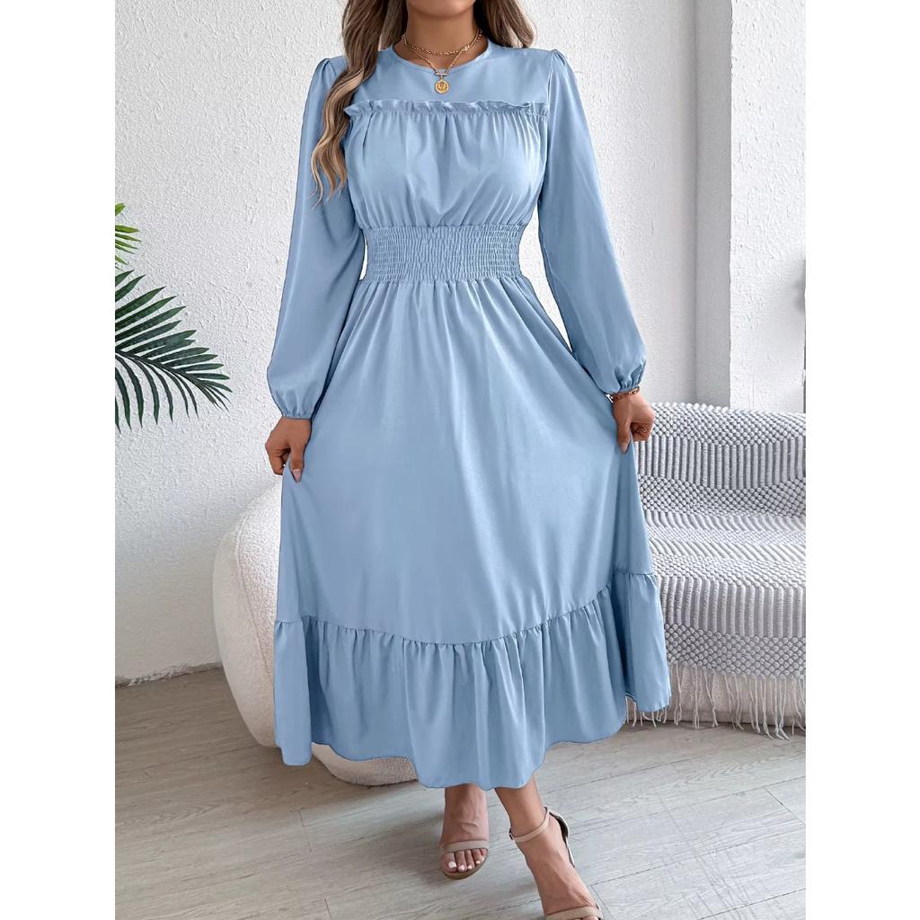 Autumn and Winter Casual Elegant Solid Color Round Neck Long Sleeved Waist Cinched Lotus Leaf Edge Dress Women Clothing
