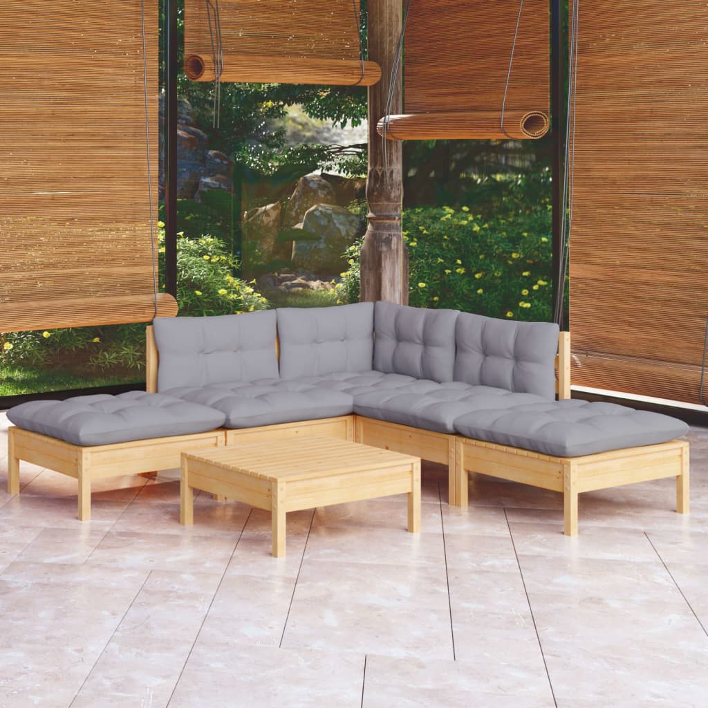 6 Piece Garden Lounge Set with Grey Cushions Pine Wood