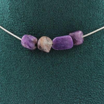 Stones and Minerals. Necklace of 4 Russian Charoite Pearls. Stainless Steel Chain Necklace Women Men. Customizable Size.