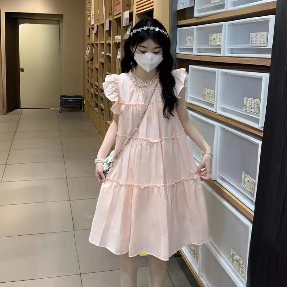 French Pink Flying Sleeve Dress Women's Summer Small Man Lotus Leaf Edge Loose Belly Cover Age Reduction Doll Short Skirt
