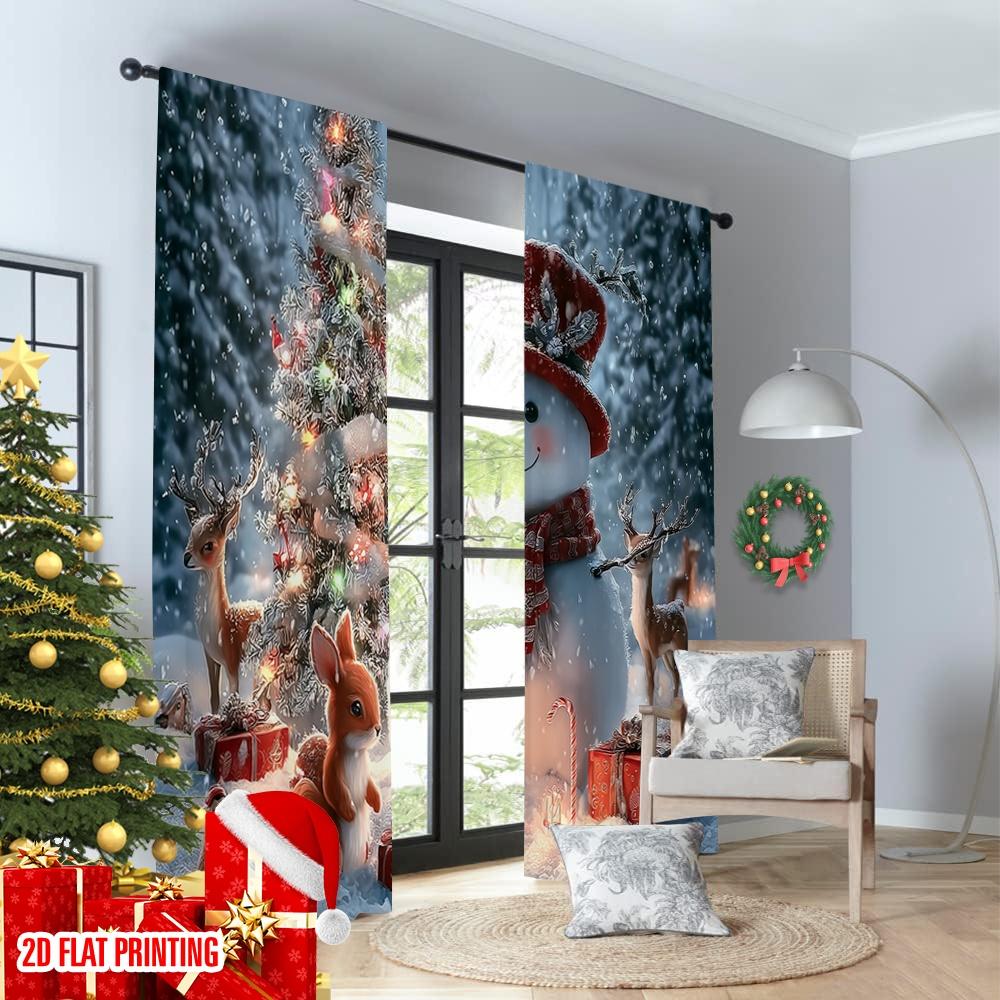 2pcs 2D Flat Printing Christmas Curtains Candy Cane Gingerbread Snowmen and Squirrels Digital Printed Polyester Drapes Festive