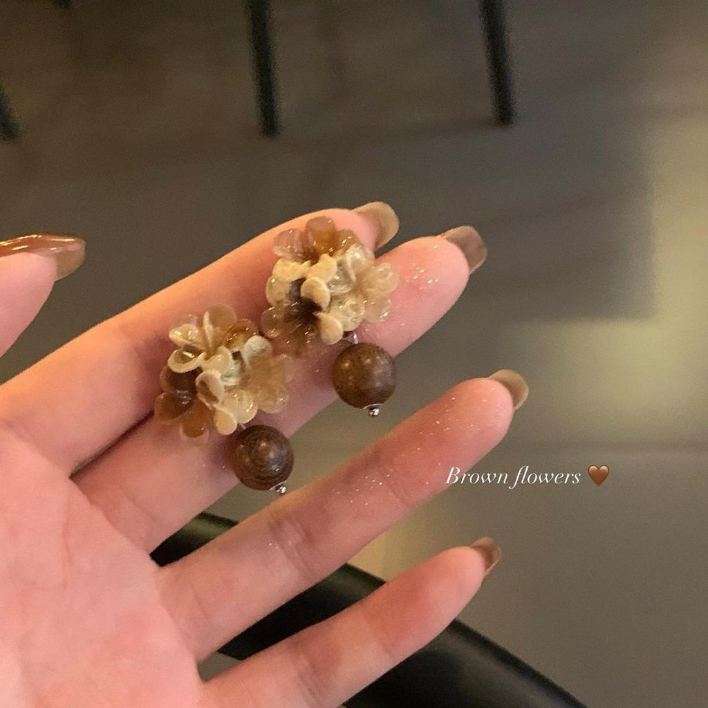 Maillard Coffee Color Amber Earrings Women's Autumn and Winter High-end Commuter Style Earrings Light Luxury Niche Design Earrings