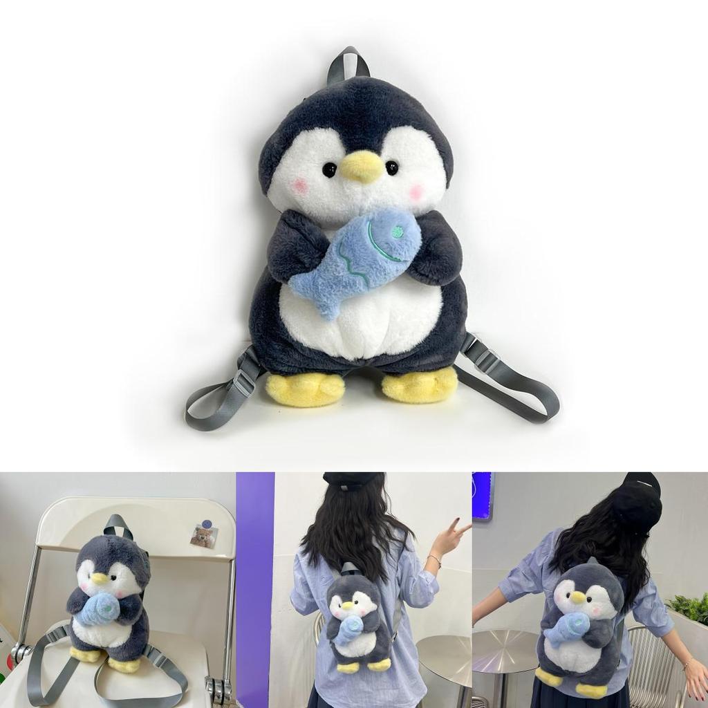 Cartoon Penguin Plush Backpack For Girls With Soft Faux Fur And Zip Closure