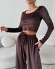 Casual European and American women's suit, solid color long-sleeved crew neck short slim-fit top, lace-up wide-leg pants two-piece set