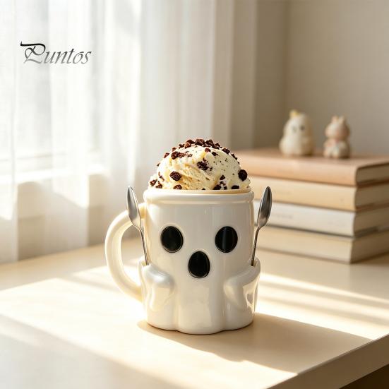 Creative Birthday Surprise Gift Halloween Ghost Ice Cream Pint Holder, Dual Spoon Slot And Theme Drinkware Handle Design Durable PLA Leak-Proof