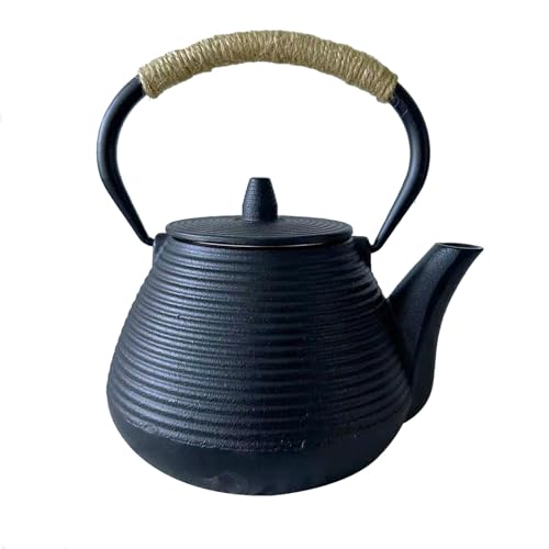 HwaGui Nambu Ironware Teapot, 1000ml (Horizontal Stripe) - Stylish, IH Compatible, Iron Kettle, Iron Supplementation, Tea Whisk
