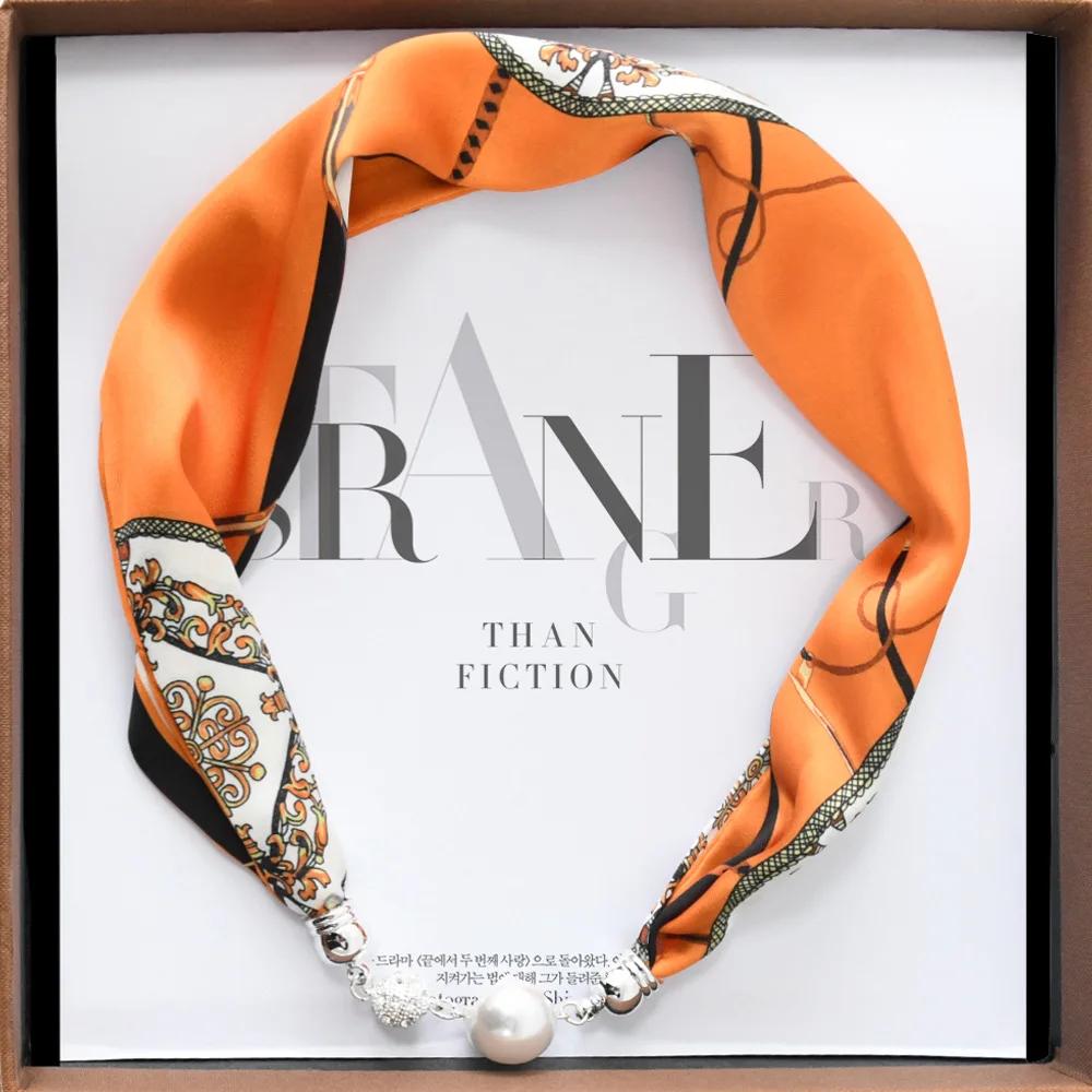 Chinese Retro Multi-Functional Magnetic Women'S Silk Scarf Small Strip Diamond Magnetic Buckle Small Scarf