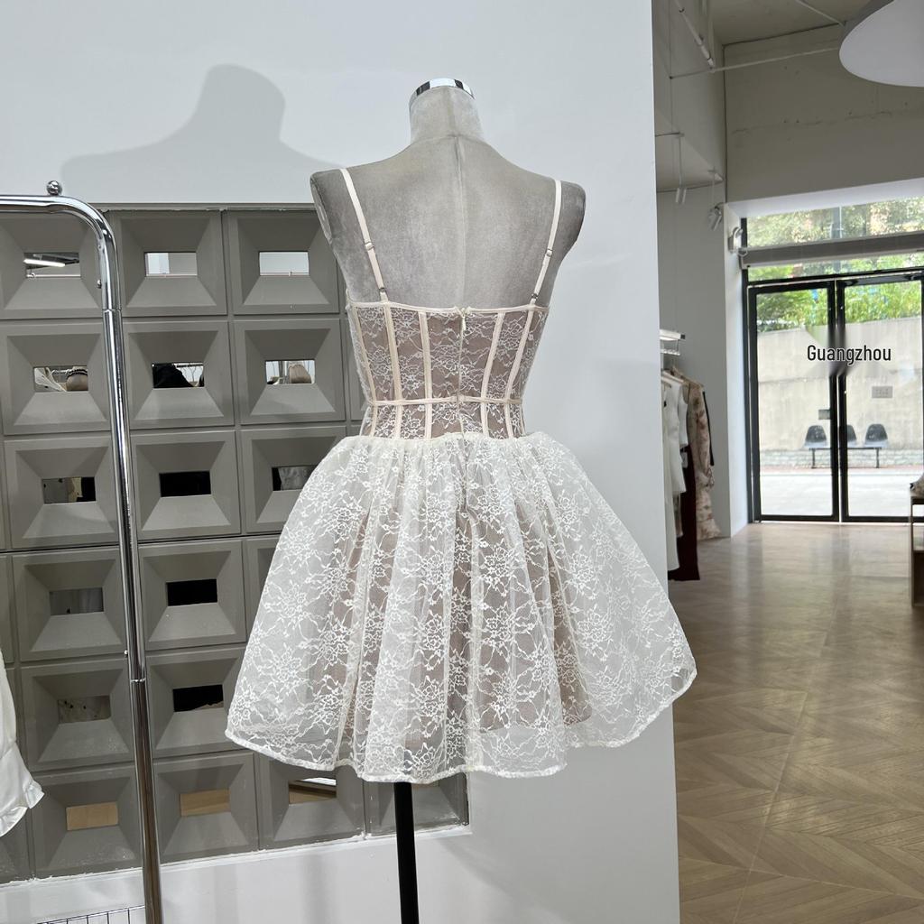 Sweet & Spicy Lace Waist-Cinched Puffy Strap Mini Dress for Parties - Autumn/Summer