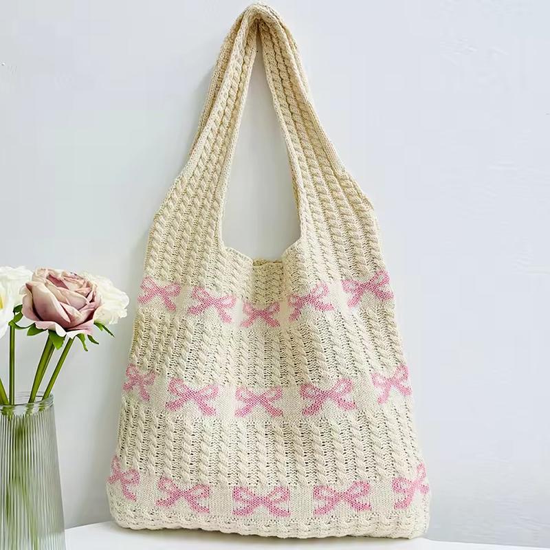 Yogodlns Women's Bow Shoulder Bag Aesthetics Crochet Handbag Purses Knitted Shopping Bag Summer Beach Bag Ladies Woven Tote Bags
