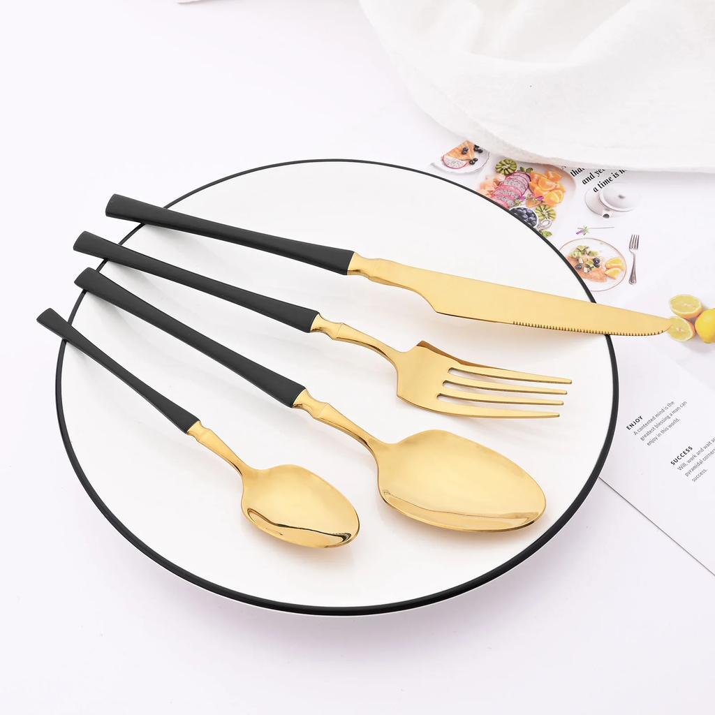 24Pcs Gold Tableware Sets Stainless Steel Cutlery Knife Tea Fork Coffee Spoon Flatware Dishwasher Safe Dinner Kitchen Dinnerware