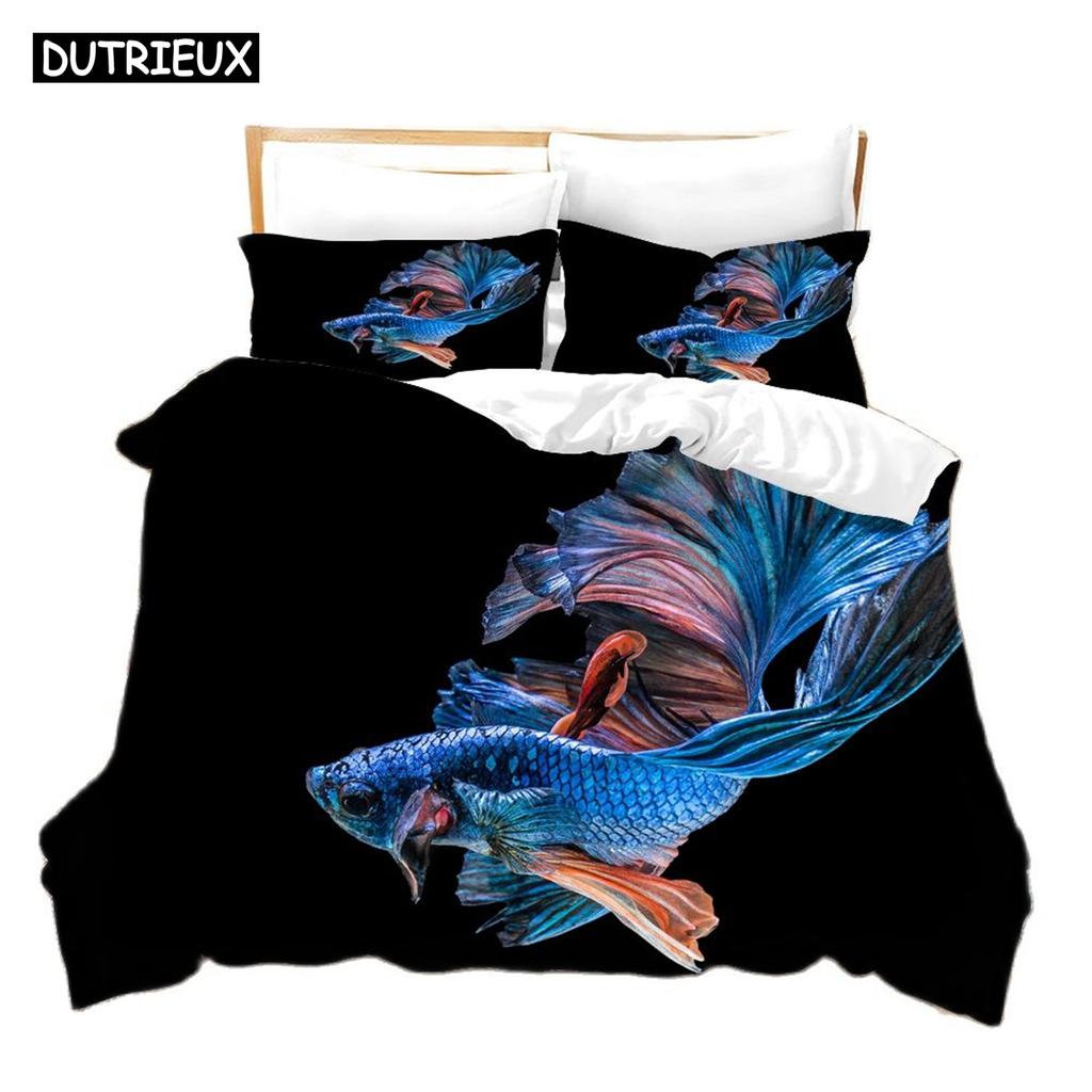 3D Printed Cartoon Fish Photo Chinoiserie Bedding Set Down Quilt Cover With Pillowcase Double Complete  King