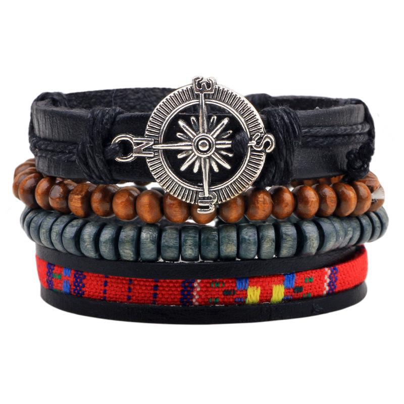 Men's Retro Multi-Strand Cowhide Anchor Bracelet Set with Wood Beads