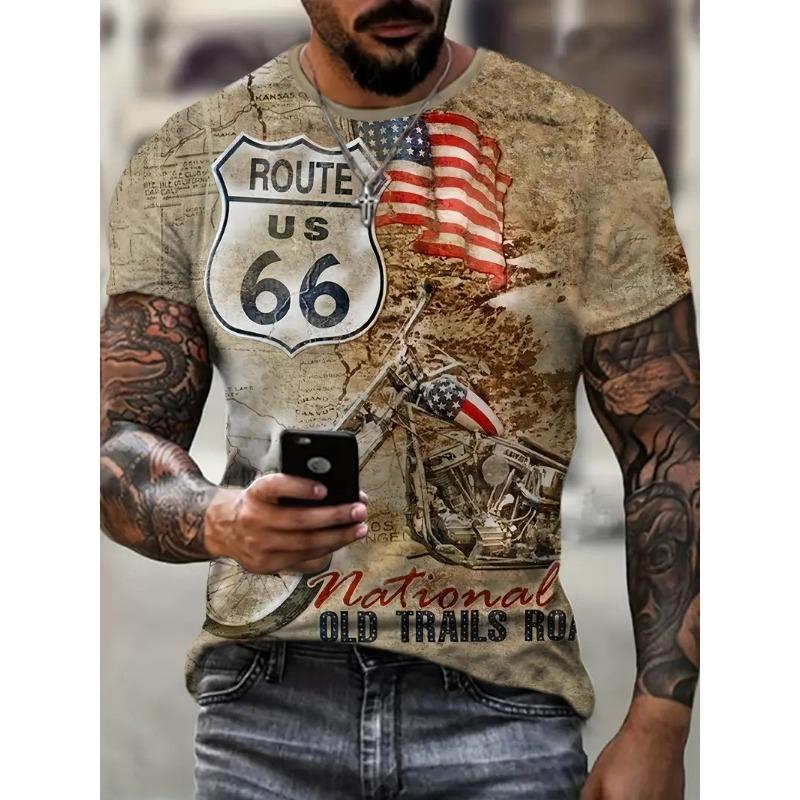 Retro Amerika Route 66 3D-tryckta herr-t-shirts Vintage lös herrkläder Sommar Rund hals Kort ärm Unisex Toppar T-shirts 4XL