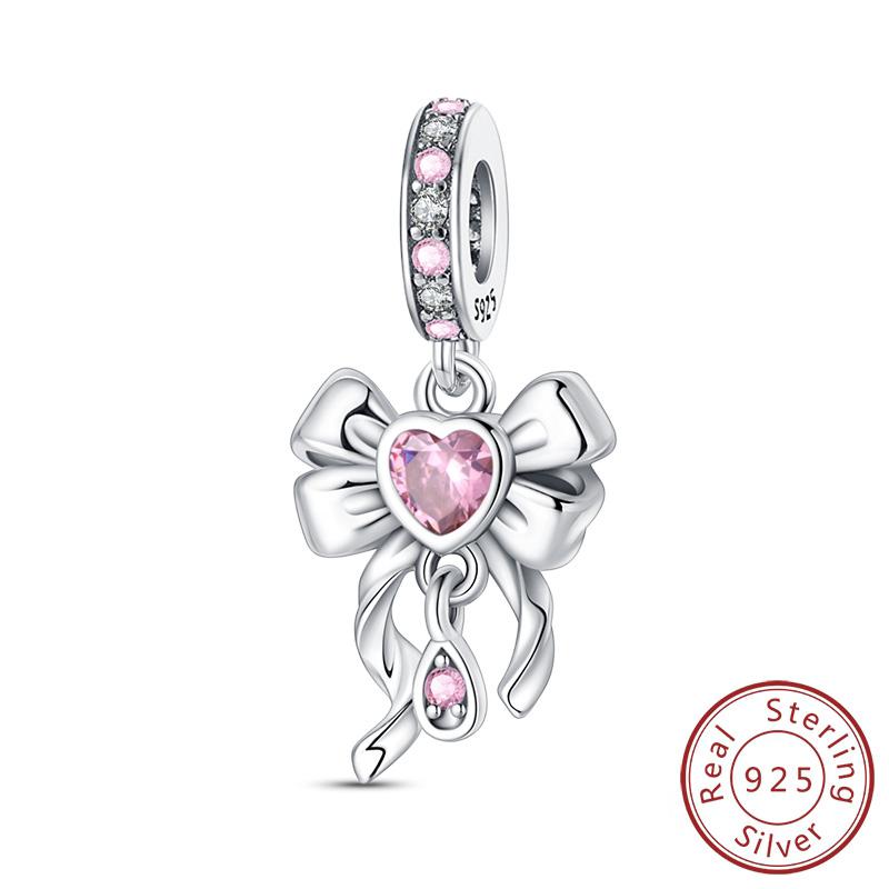 Fit Original Copper Charms Beads Pink Zircon Bow Tie Charms For Women Fine Diy Birthday Jewelry Gifts