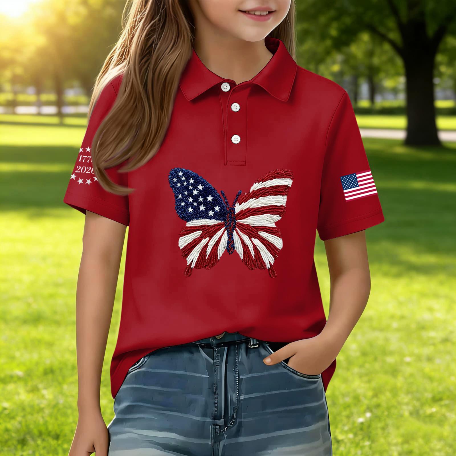 

Kids Short Sleeve Polo Shirt Butterfly Print Independence Day Graphic Tee Casual Summer Top for Boys Girls 150